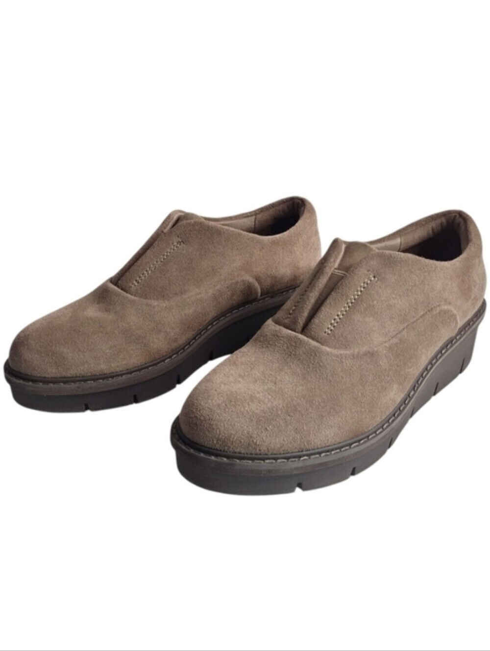 Clarks women's Taupe Airabell Sky Slip-on Chunky Wedge Heel Suede Shoes Size 7M